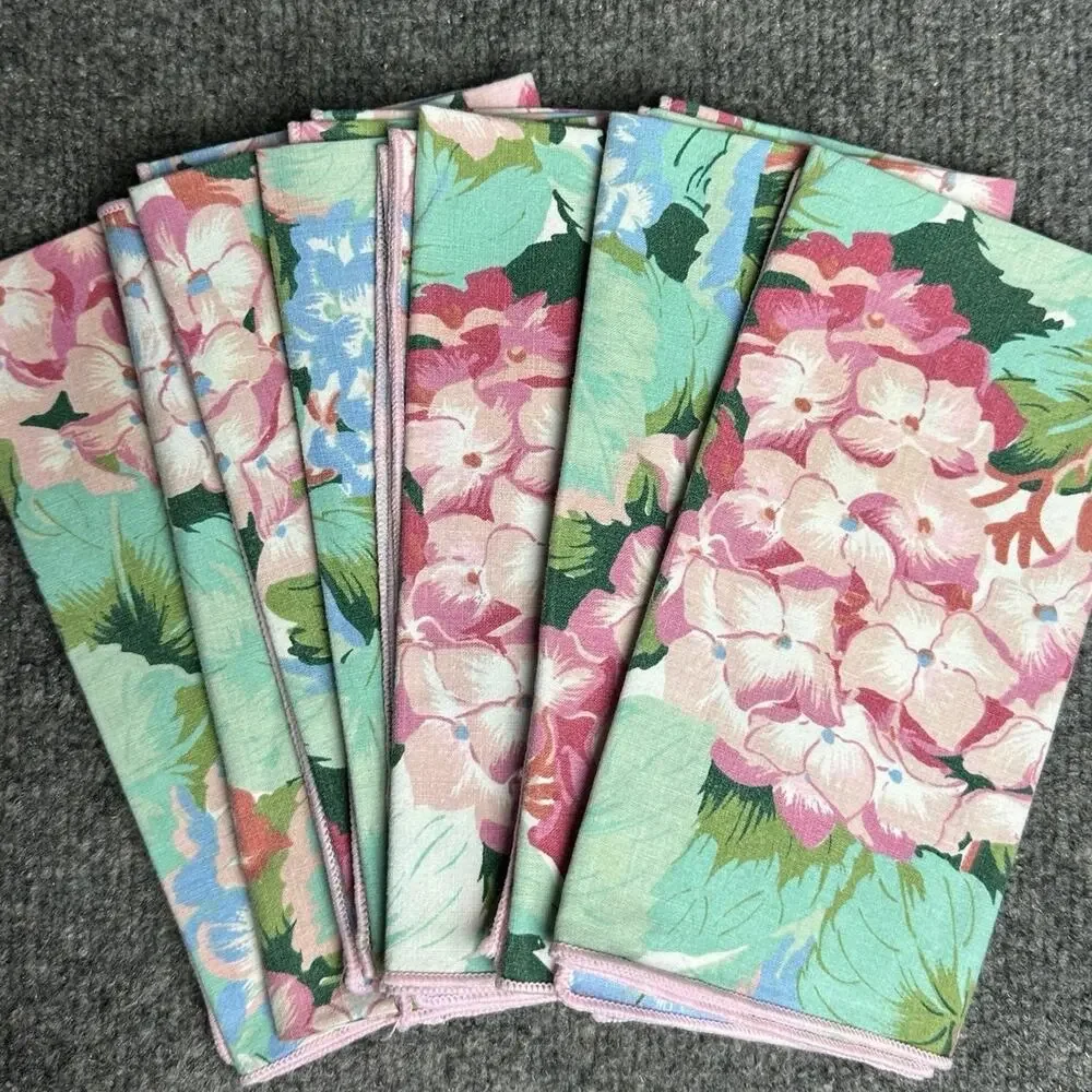 Vintage handmade dinner napkins geranium pastels set of 7 cottage granny floral